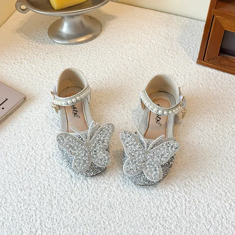 Girls Princess Shoes Rhinestone Bowtie Crystal Sandals Shiny PU Leather Kids Party Shoes With Artificial Pearl Strap