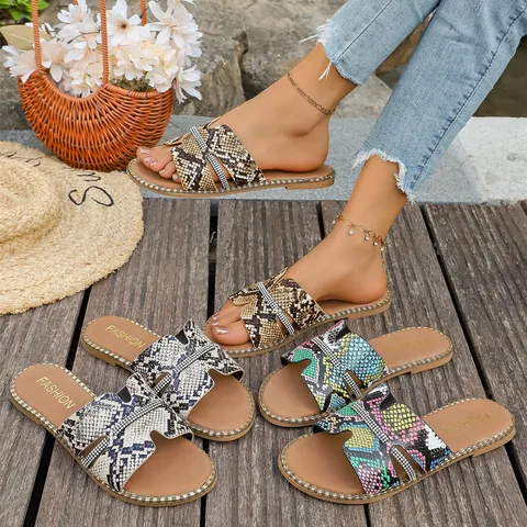 Sandali Bassi da Donna con Motivo in Pelle di Serpente Strass Decorati Pantofole da Spiaggia Estive Scarpe da Vacanza Casual