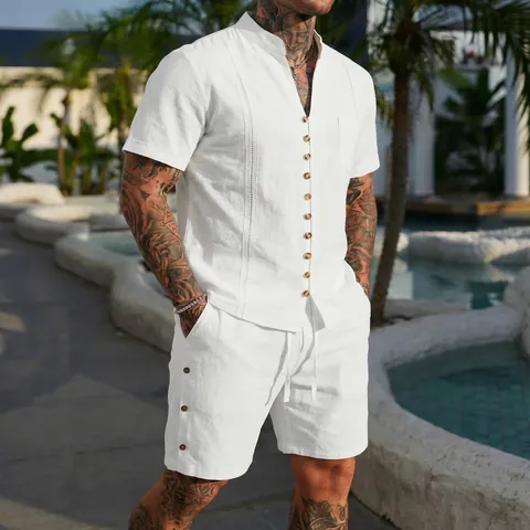 Men Summer Casual Top And Bottom Stand Collar Short Sleeve Shirt And Shorts Solid Color Cotton Blend Fashion Resort Wear