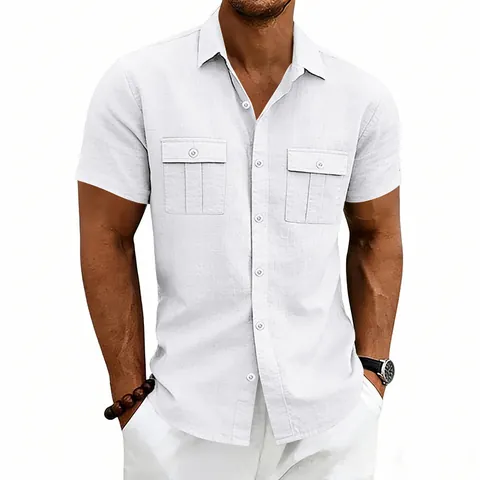 Men's Linen Blend Short Sleeve Cargo Shirt Casual Loose Fit Multi-Pocket Workwear Top Summer Outdoor Commute Button Down