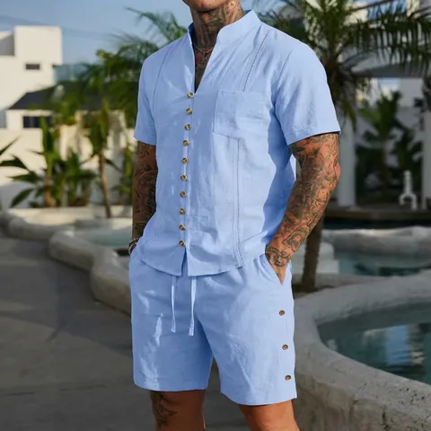 Men Summer Casual Top And Bottom Stand Collar Short Sleeve Shirt And Shorts Solid Color Cotton Blend Fashion Resort Wear