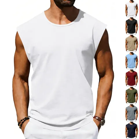 Men's Sleeveless T-Shirt Gym Sports Tank Top Loose Casual Vest Polyester Solid Color Round Neck Summer Training Basic Top