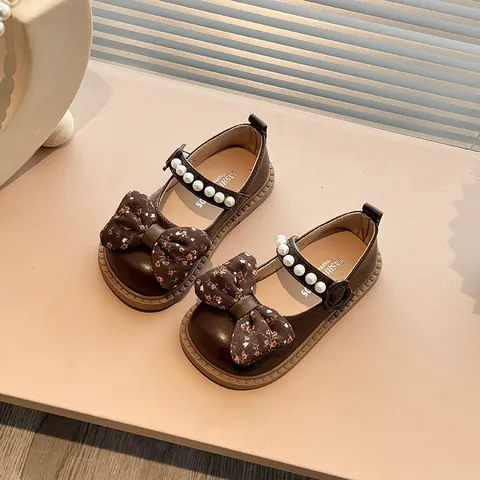 Chaussures Mary Jane pour Filles Ballerines de Princesse avec Nœud Floral Bride en Perles Artificielles Semelle Souple Antidérapante pour Enfants