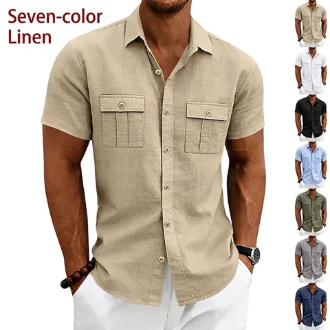 Men's Linen Blend Short Sleeve Cargo Shirt Casual Loose Fit Multi-Pocket Workwear Top Summer Outdoor Commute Button Down
