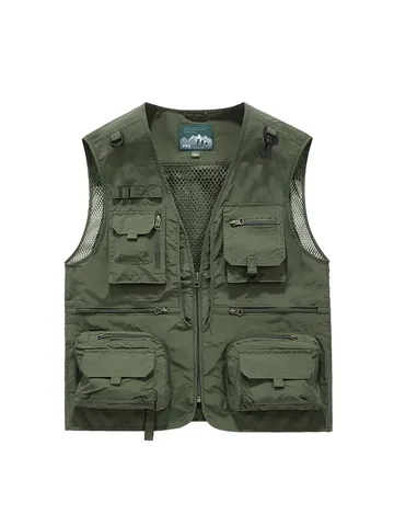 Men's Casual Outdoor Fishing Photography Vest Lightweight Quick-Dry Breathable Mesh Multi-Pocket Sleeveless Jacket Top Waistcoat