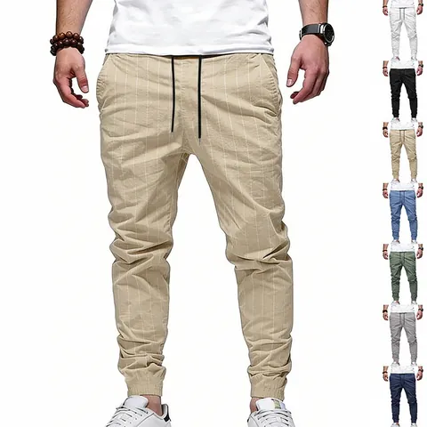 Men's Pinstripe Linen Blend Jogger Pants Casual Loose Fit Drawstring Waist Woven Summer Lightweight Breathable Sweatpants