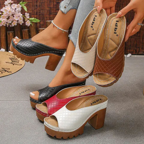 Women Peep Toe Platform Sandals Quilted PU Leather Chunky High Heel Slides Non Slip Summer Fashion Casual Mules Shoes