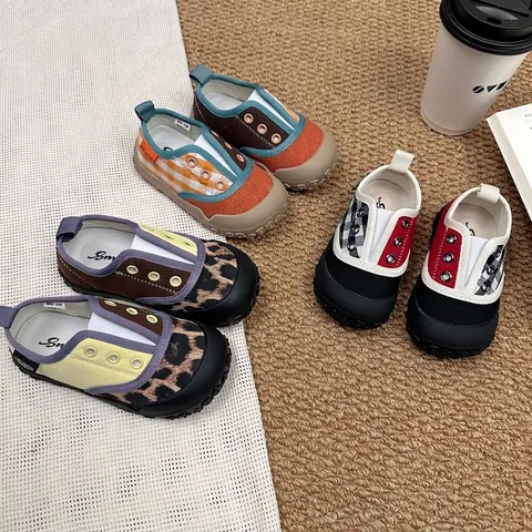 Kids Vintage Color Block Canvas Shoes Leopard Plaid Non-Slip Soft Sole Toddler Walker Shoes Boys Girls Casual Flat Sneakers