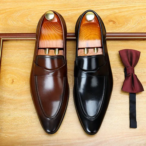 Men English Vintage Formal Leather Shoes Genuine Cowhide Business Wedding Pointy Toe Loafers Breathable Wear-Resistant Slip-On Dress Shoes