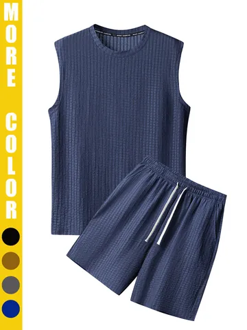 Herren Übergröße Urlaub Lässig 2-Teiler Geripptes Ärmelloses Tank Top Und Shorts Mit Kordelzug Sommer Strand Outfit Polyester