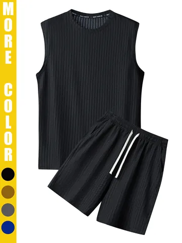 Herren Übergröße Urlaub Lässig 2-Teiler Geripptes Ärmelloses Tank Top Und Shorts Mit Kordelzug Sommer Strand Outfit Polyester