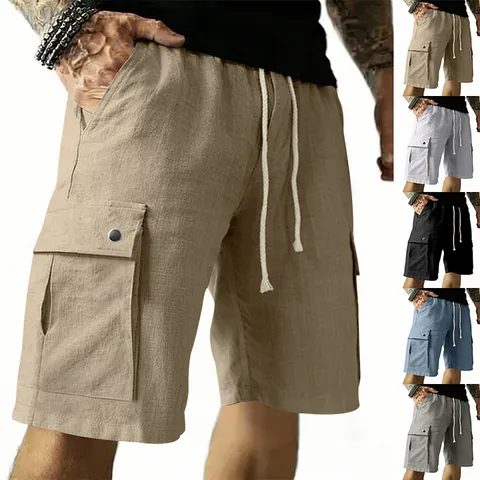 Men's Casual Slub Linen Blend Cargo Shorts Summer Outdoor Tactical Loose Five-Point Shorts With Drawstring Elastic Waist Bottoms