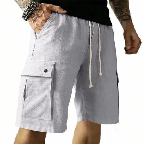 Men's Casual Slub Linen Blend Cargo Shorts Summer Outdoor Tactical Loose Five-Point Shorts With Drawstring Elastic Waist Bottoms