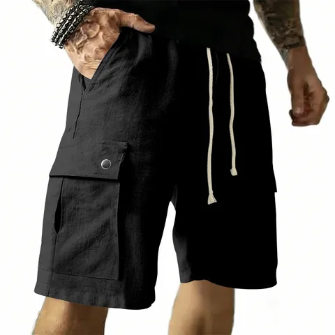 Men Casual Cargo Shorts Summer Linen Blend Slim Fit Drawstring Multi Pocket Work Shorts Solid Color Breathable Bottom