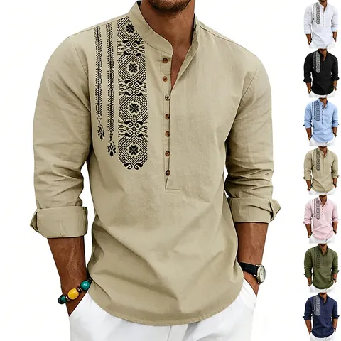 Herren Ethno-Druck Leinen Henley-Hemd Langarm Stehkragen Lockere Passform Atmungsaktiv Lässig Amerikanisch Strand Top