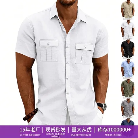 Men Linen Blend Workwear Shirt Short Sleeve Casual Loose Fit Double Pocket Button Down Breathable Summer Top