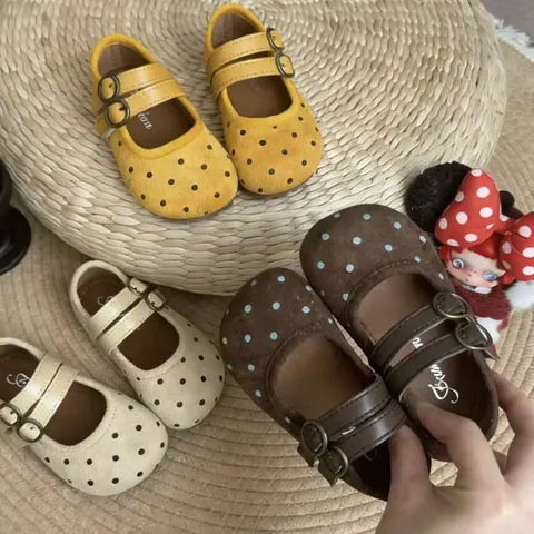 Girls Polka Dot Mary Jane Shoes Korean Style Round Toe Double Buckle Princess Flats Soft Cute Synthetic Leather Shoes For Kids