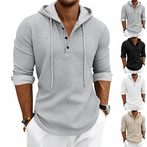 Ανδρικό T-Shirt Henley με Κουκούλα Waffle Knit Vintage Casual Μακρυμάνικο Top Μονόχρωμο Χαλαρό Αναπνεύσιμο Πουκάμισο