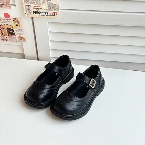 Girls British Style Black Mary Jane Shoes Kids Retro Brogue Heart Cutout Buckle Soft Sole School Princess Shoes