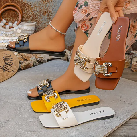 Women Flat Slides With Large Metal Buckle Rhinestone Square Toe Fashion Casual Summer Beach Outdoor Slippers PU Leather Sandals