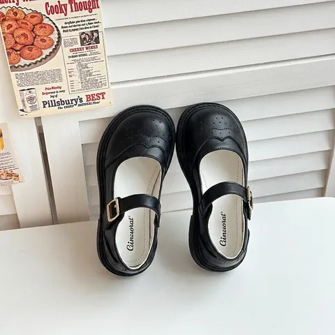 Girls British Style Black Mary Jane Shoes Kids Retro Brogue Heart Cutout Buckle Soft Sole School Princess Shoes