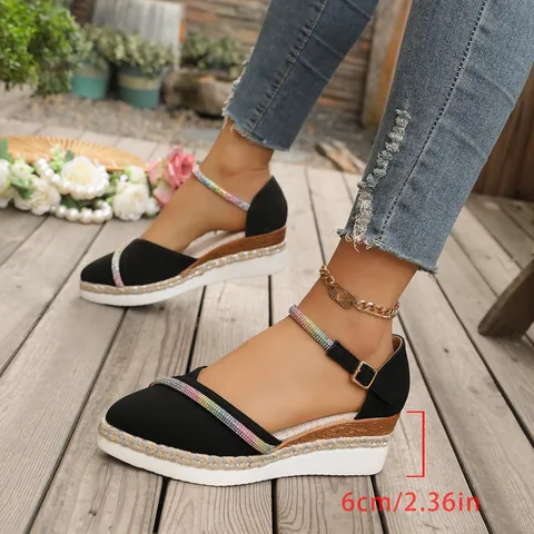 Dames Sandalen met Sleehak Puntige Neus Platform Espadrilles Strass Enkelbandje Boheemse Mode Zomerschoenen