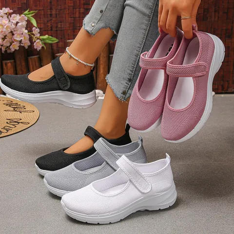 Women Breathable Mesh Flyknit Mary Jane Shoes Hook And Loop Lightweight Soft Sole Casual Walking Flats Mama Shoes