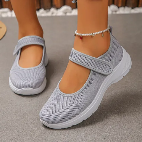 Women Breathable Mesh Flyknit Mary Jane Shoes Hook And Loop Lightweight Soft Sole Casual Walking Flats Mama Shoes
