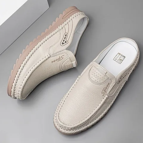 Hombres Mules de Cuero Genuino Zapatos Casuales de Medio Arrastre Suela Blanda Antideslizantes Mocasines Slip-On Calzado de Moda al Aire Libre Pantuflas Ligeras