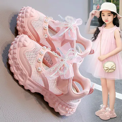 Fashion Girls Princess Sandals Breathable Mesh Summer Shoes For Kids Sweet Bow Artificial Pearl Beach Sandals Non-Slip Soft Sole Walking Shoes