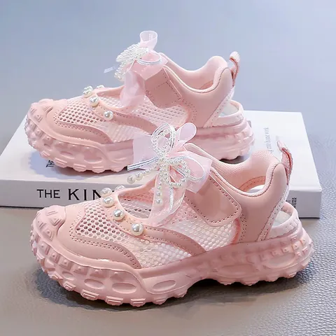 Fashion Girls Princess Sandals Breathable Mesh Summer Shoes For Kids Sweet Bow Artificial Pearl Beach Sandals Non-Slip Soft Sole Walking Shoes