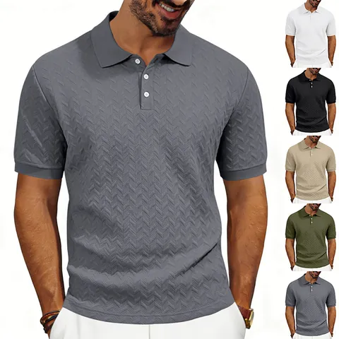 Men Heavyweight Oversized Polo Shirt Jacquard Herringbone Texture Solid Color Short Sleeve Top American Casual Apparel