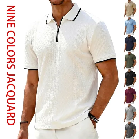 Men's Vintage Jacquard Polo Shirt Short Sleeve Zipper Lapel Casual Heavyweight Knit Top Retro Textured Solid Color Summer Fashion