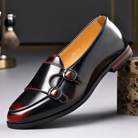 Mocasines de Hombre Estilo Británico Retro con Correa Monk Cuero Sintético Zapatos Slip-on Vintage Casual