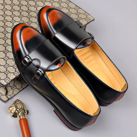 Mocasines de Hombre Estilo Británico Retro con Correa Monk Cuero Sintético Zapatos Slip-on Vintage Casual