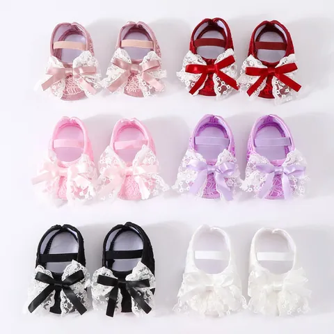 Newborn Baby Girl Princess Lace Dress Shoes Bowknot Soft Sole Infant Toddler Prewalker Shoes For Baptism First Birthday Party
