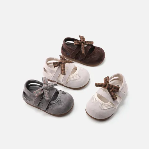 Girls Bowknot Mary Jane Toddler Shoes Breathable Mesh Soft Sole Anti-collision Princess Sandals Pigskin Leather Summer Kids Flats