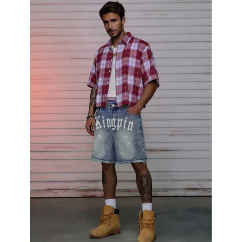 Men's Streetwear Denim Shorts With Rhinestone And Gothic Letter Print Non-Stretch Washed Frayed Hem Shorts Summer Bottom