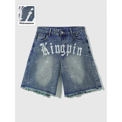 Men's Streetwear Denim Shorts With Rhinestone And Gothic Letter Print Non-Stretch Washed Frayed Hem Shorts Summer Bottom