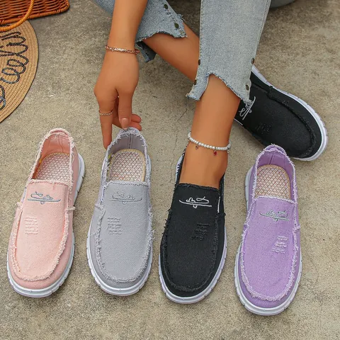 Women's Casual Canvas Slip-On Shoes Fashion Frayed Edge Embroidered Flat Loafers Breathable Lightweight Walking Shoes For Work Daily
