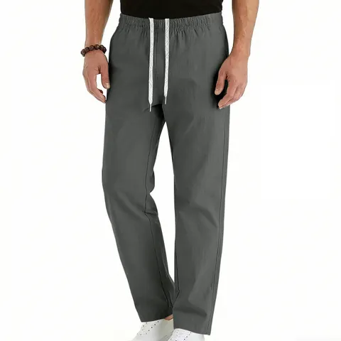 Men Casual Straight Leg Pants Minimalist High Street Drawstring Loose Breathable Lightweight Polyester Trousers For Summer Office