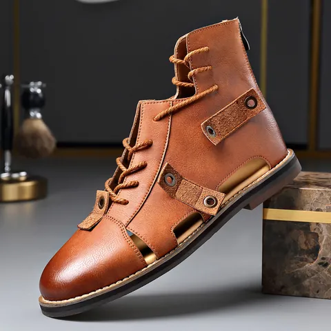 Sandalias Romanas Altas Retro para Hombre Punta Cerrada Caladas Transpirables Cuero PU Zapatos de Verano Casual Talla Grande