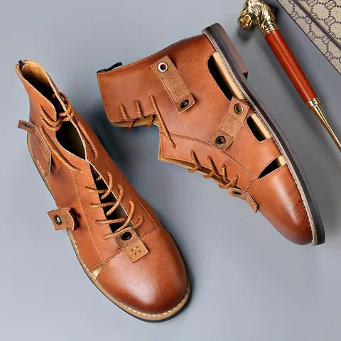 Sandalias Romanas Altas Retro para Hombre Punta Cerrada Caladas Transpirables Cuero PU Zapatos de Verano Casual Talla Grande