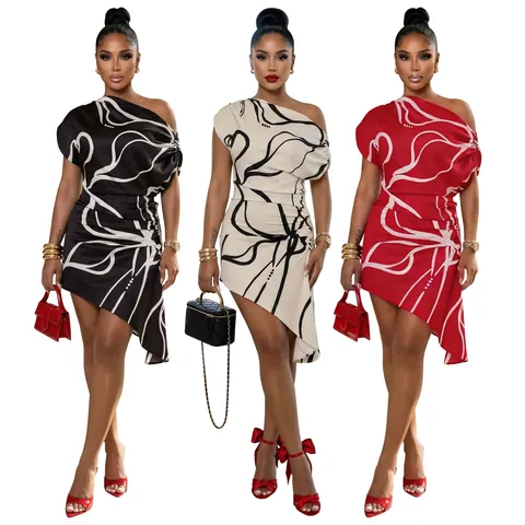 Damen Ein Schulter Bedrucktes Mini Kleid Asymmetrisch Geriffelt Körperbetont Party Kleid Polyester Ärmellos Sexy Clubwear