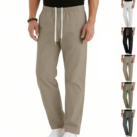 Men Casual Straight Leg Pants Minimalist High Street Drawstring Loose Breathable Lightweight Polyester Trousers For Summer Office