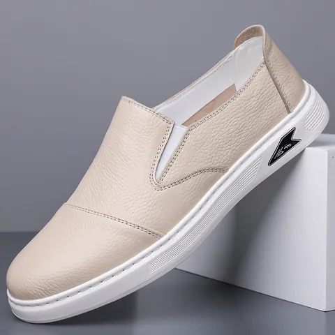 Mocasines Casual de Cuero Genuino para Hombre Zapatos Planos Sin Cordones Cosidos a Mano Transpirables Suela Blanda Zapatos