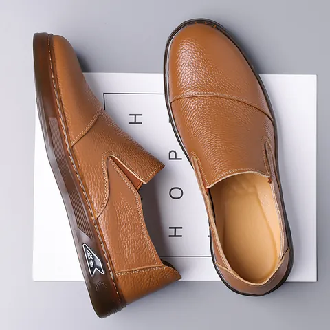 Mocasines Casual de Cuero Genuino para Hombre Zapatos Planos Sin Cordones Cosidos a Mano Transpirables Suela Blanda Zapatos