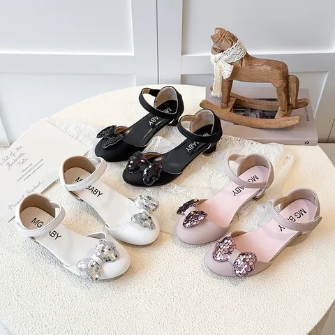 Girls Sequin Bow Princess Shoes Low Chunky Heel Mary Jane Party Wedding Dress Shoes For Kids