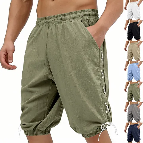 Men Casual Linen Polyester 3/4 Capri Pants Loose Fit Drawstring Waist Lace-up Side Summer Hawaiian Hip Hop Streetwear Bottom