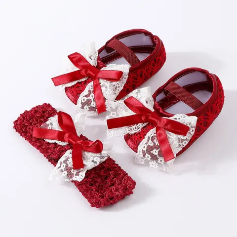 Newborn Baby Soft Sole Shoes And Headband Set Mesh Lace Satin Bowknot Princess Dress Shoes For Infants Celebration